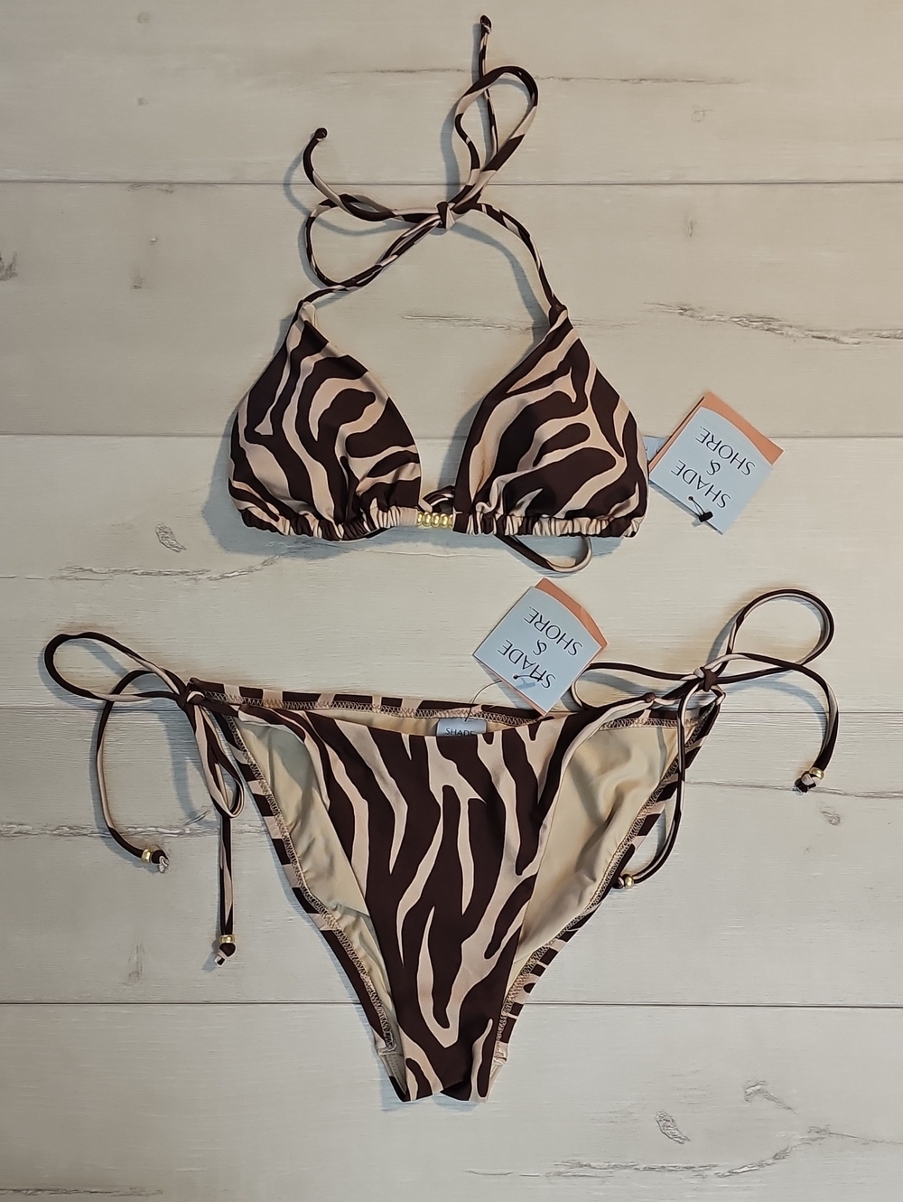 Shade & Shore Women's M Brown and Tan Zebra-Print Tie Bikini Set